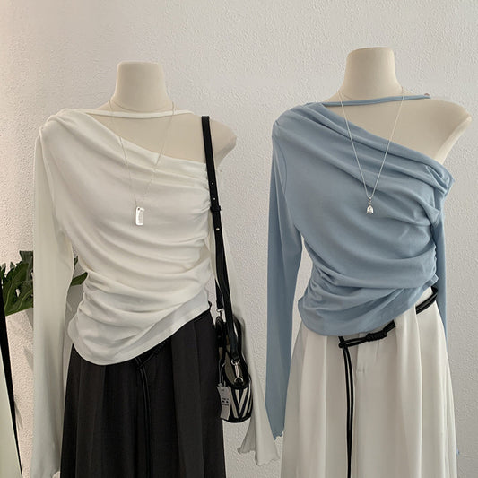 Shoulder Collar Solid Color Slim Fit Slimming Long Sleeves Inner Bottoming T-shirt