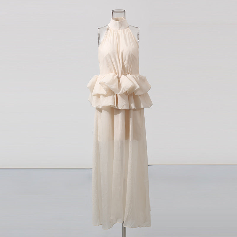 Long Ruffled Dress Sleeveless Stand Collar Solid Color Dress