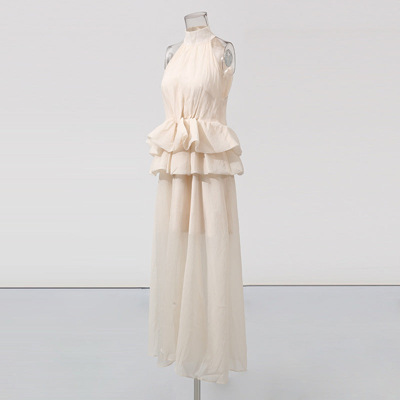 Long Ruffled Dress Sleeveless Stand Collar Solid Color Dress