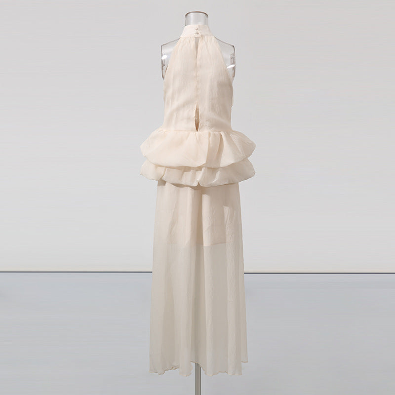 Long Ruffled Dress Sleeveless Stand Collar Solid Color Dress